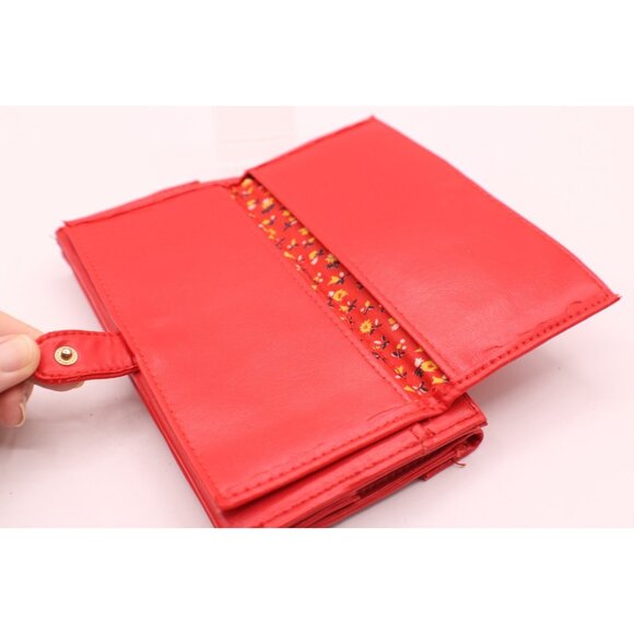 Red Clutch Wallet Kiss Lock Coin Purse Folding Floral Lining Faux Leather Vtg - Picture 3 of 9